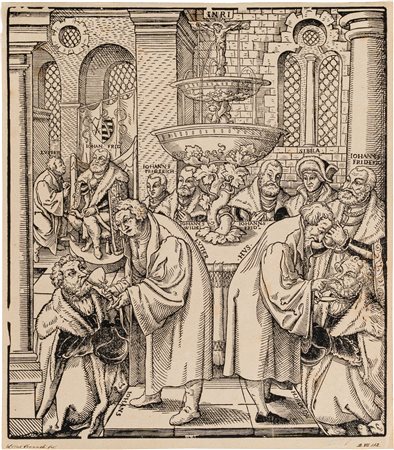 Lucas Cranach il Vecchio (Kronach, 1472 - Weimar, 1553) - I riformatori Lutero e Hus che danno la comunione ai principi della casa di Sassonia