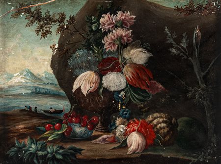 Scuola del secolo XVII - Natura morta con fiori e paesaggio lacustre