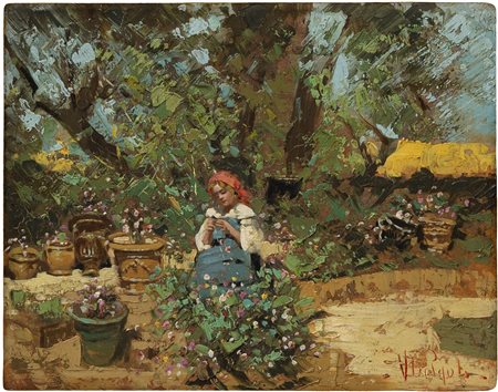 Scuola napoletana dei primi del secolo XX - Giovane nel cortile