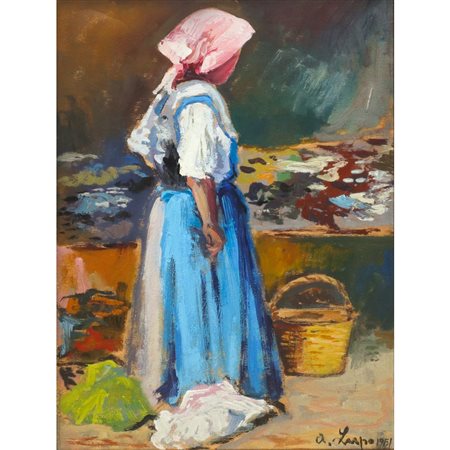 Alessandro  Lupo (Torino 1876 - 1953)  - Contadina con paniere, 1951