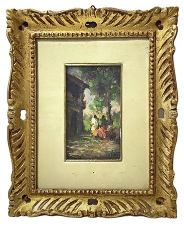 Dipinto raffigurante paesaggio campestre con case e personaggi, 19° secolo