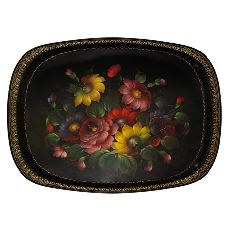 Vassoio nero dipinto a mano a motivi floreali, fine 19° secolo