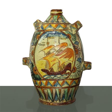 Anfora in ceramica policroma  smaltata e decorata con veliero, Faenza primi 20° secolo