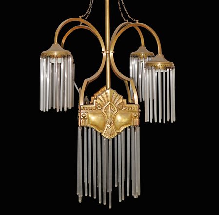 Lampadario 5 luci con canule in vetro, Liberty (primi 20° secolo)