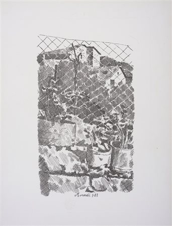MORANDI GIORGIO (1890 - 1964) - SENZA TITOLO (PIANTE DI GERANI E RETE DI FILO DI FERRO).
