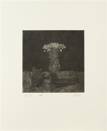 (SALVATORE MANGIONE) SALVO (1947 - 2015) - SENZA TITOLO (NATURA MORTA CON VASO DI FIORI, CONCHIGLIA E LIBRI).