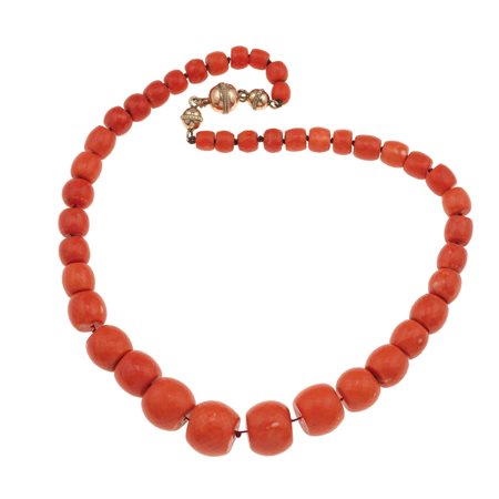 Collana con grandi barilotti di corallo a scalare fermezza in oro a basso...
