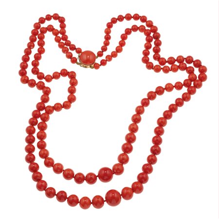 Lunga collana con boules di corallo, scalare fermezza in oro giallo 750/1000,...