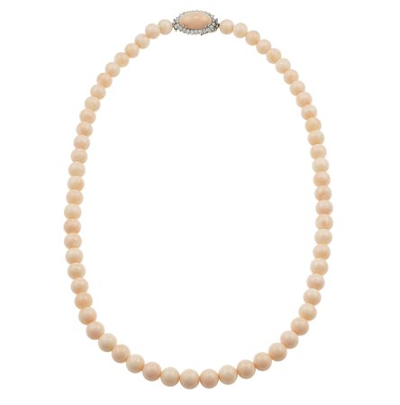 Collana con boules di corallo rosa, X fermezza in oro bianco 750/1000 con...