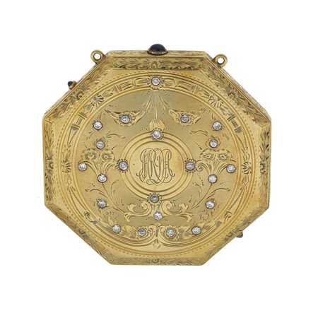 Portacipria inciso con piccoli diamanti e pasta vitrea oro giallo 750/1000,...