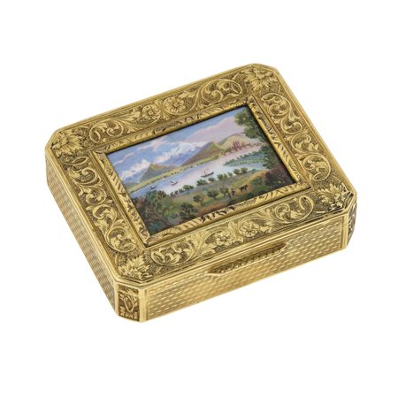 Scatola incisa con veduta in smalti policromi oro giallo 750/1000. Punzone...