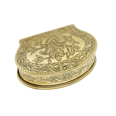 Scatola incisa “cornucopia” oro giallo 750/1000. Punzone non identificato,...