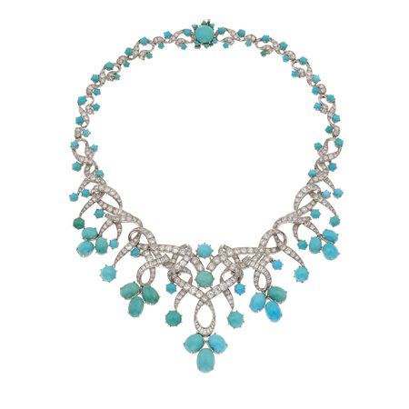 Monture Faraone. Girocollo con diamanti e turchesi montatura in oro bianco...