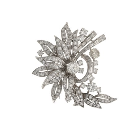 Spilla con diamanti taglio rotondo e baguette montatura in platino, gr. 17,1...