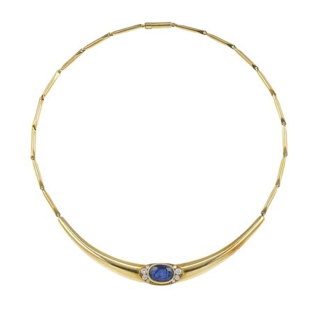 Girocollo con zaffiro e diamanti montatura in oro giallo 750/1000, gr. 44,2...
