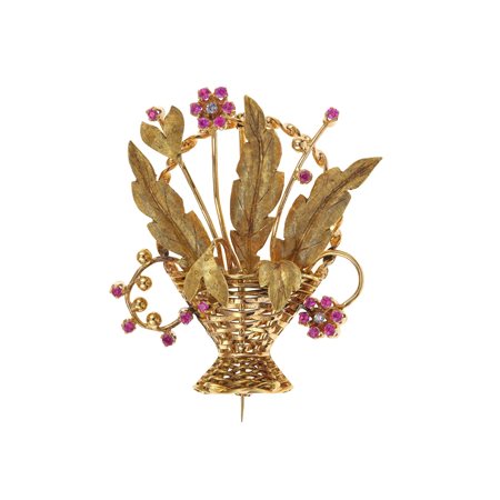 Spilla 'giardinetto' con rubini sintetici montatura in oro giallo 750/1000,...