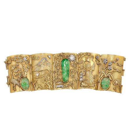 Orisa. Bracciale a segmenti con scene a soggetto orientale, giadeiti incise e...