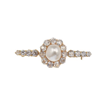 Spilla con perla naturale, acqua salata, di ct 5.37 e diamanti di vecchio...