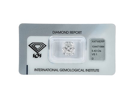 Diamante taglio cuscino di ct 5.42, colore D, caratteristiche interne VS1,...