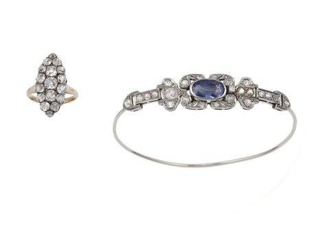 Anello a marquise con diamanti di vecchio taglio e bracciale rigido (ex...