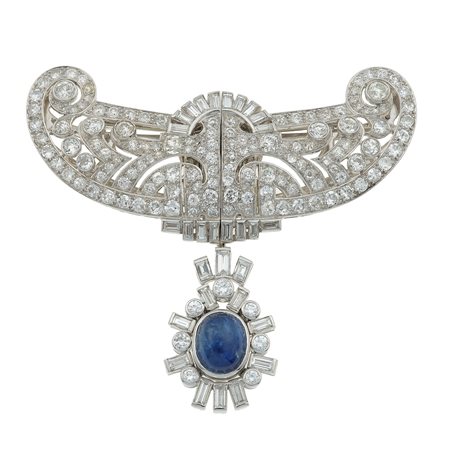 Douette con diamanti e zaffiro cabochon montatura in platino ed oro bianco...