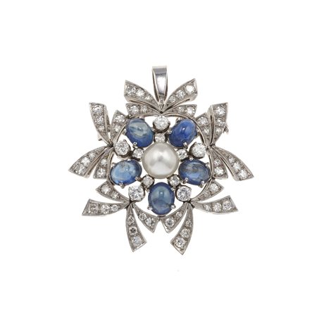 Spilla/pendente con zaffiri, diamanti e una perla montatura in oro bianco...