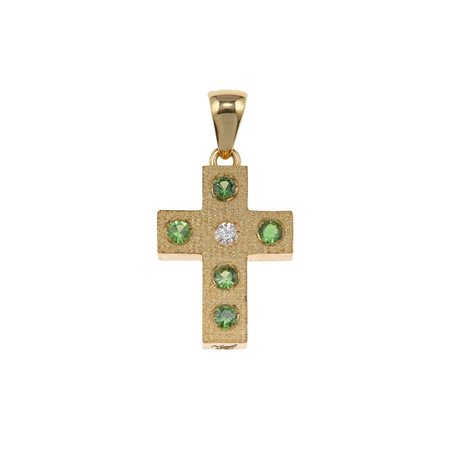 Pendente 'croce' con tsavoriti e diamante montatura in oro giallo 750/1000,...