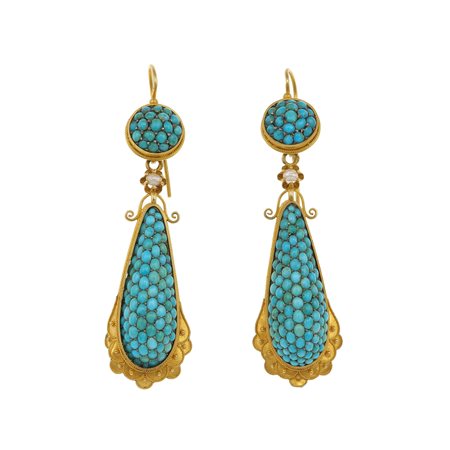 Orecchini pendenti con turchesi e piccole perle montatura in oro giallo...