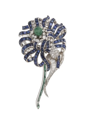 Spilla con zaffiri, diamanti e smeraldo montatura in oro bianco 14Kt, gr 45.5...