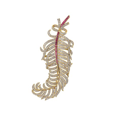 Spilla 'piuma' con diamanti e rubini montatura in oro giallo 750/1000, gr....