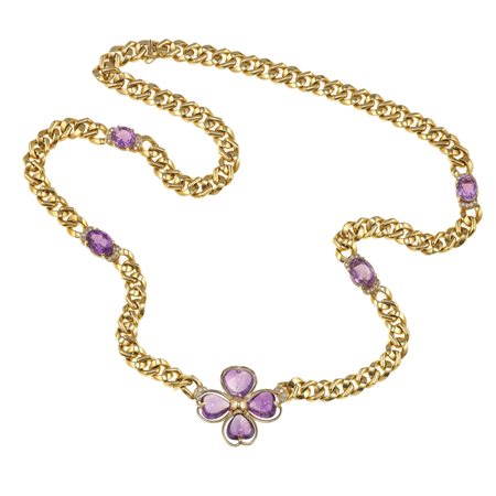 Sautoir con ametiste e diamanti montatura in oro giallo 750/1000, gr. lordi...