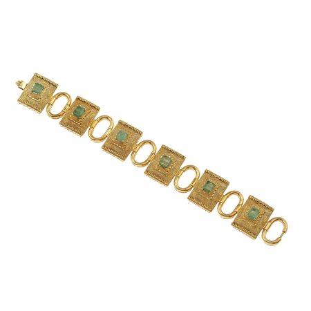 Bracciale a maglie con smeraldi montatura in oro giallo 750/1000, gr. 72,1 cm...