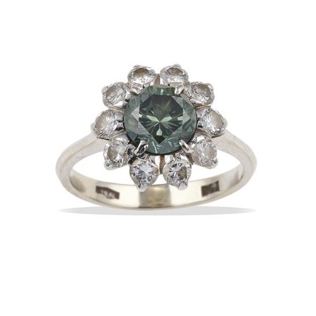 Anello con diamante centrale fancy blue, irradiato, e diamanti a contorno...