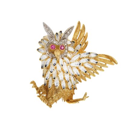 Spilla 'gufo' con smalti policromi, rubini e diamanti montatura in oro giallo...