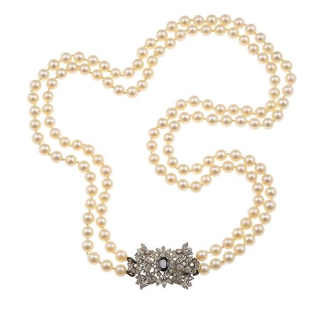 Collana a due fili di perle coltivate fermezza in oro bianco con zaffiro e...