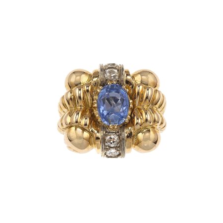 Anello con zaffiro di ct 2.30 e diamanti montatura in oro giallo ed oro...