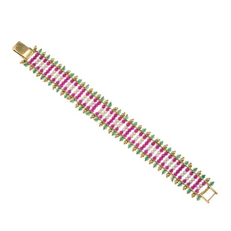 Bracciale con rubini, smeraldi e perle montatura in oro giallo 750/1000,...