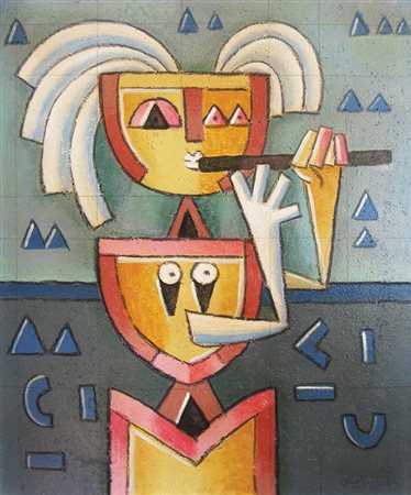 Kodra Ibrahim Bambina con flauto, 1975 olio e tecnica mista su tela, cm....