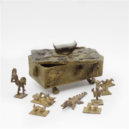 A bronze African Akan box with weights