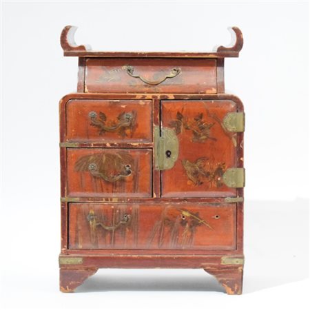 Japanese red lacquer jewelry cabinet