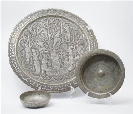 Two Islamic divination bowls and a tray