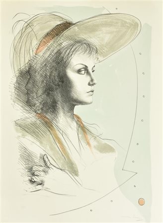Ignoto DONNA CON CAPPELLO serigrafia su carta, cm 70x50; es. 30/125 firma...