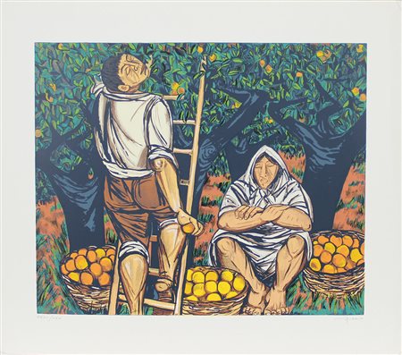 Migneco Giuseppe Raccoglitori litografia su carta Fabriano, cm. 60x69,5, es....