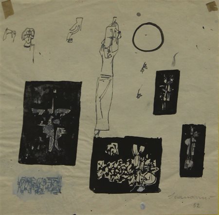 Scanavino Emilio Senza titolo, 1952 tecnica mista su carta, cm. 20x22,5...
