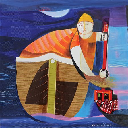 Di Carlo Vittorio Maria Pesca notturna olio e collage su tela, cm. 70x70...