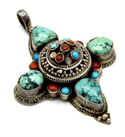 PENDENTE IN ARGENTO 925 A FORMA DI CROCE CON TURCHESI E PIETRE DURA lunghezza...