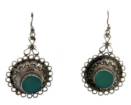 ORECCHINI PENDENTI IN ARGENTO IN SITLE ETNICO CON PIETRA SEMIPREZIOSA VERDE cm 6