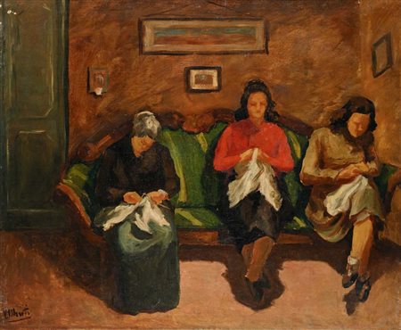 Vincenzo Monti (Pollenza 1908 - Macerata 1981) Ricamatrici Firma in basso a...