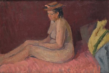 Giuseppe Capogrossi (Roma 1900 - Roma 1972) Nudo sul divano rosa 1945-46 Olio...