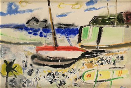 Enrico Paulucci (Genova 1901 - Torino 1999) Veduta marina con barca Firma in...